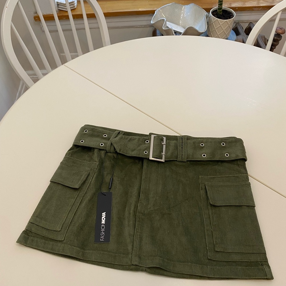 Fashion Nova Green Corduroy Mini Skirt with Belt